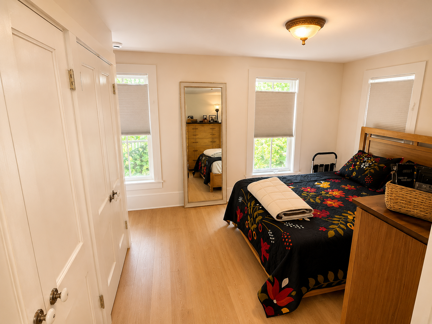 Finished bedroom with multiple windows, paneled doors, full-length mirror, and light wood flooring.