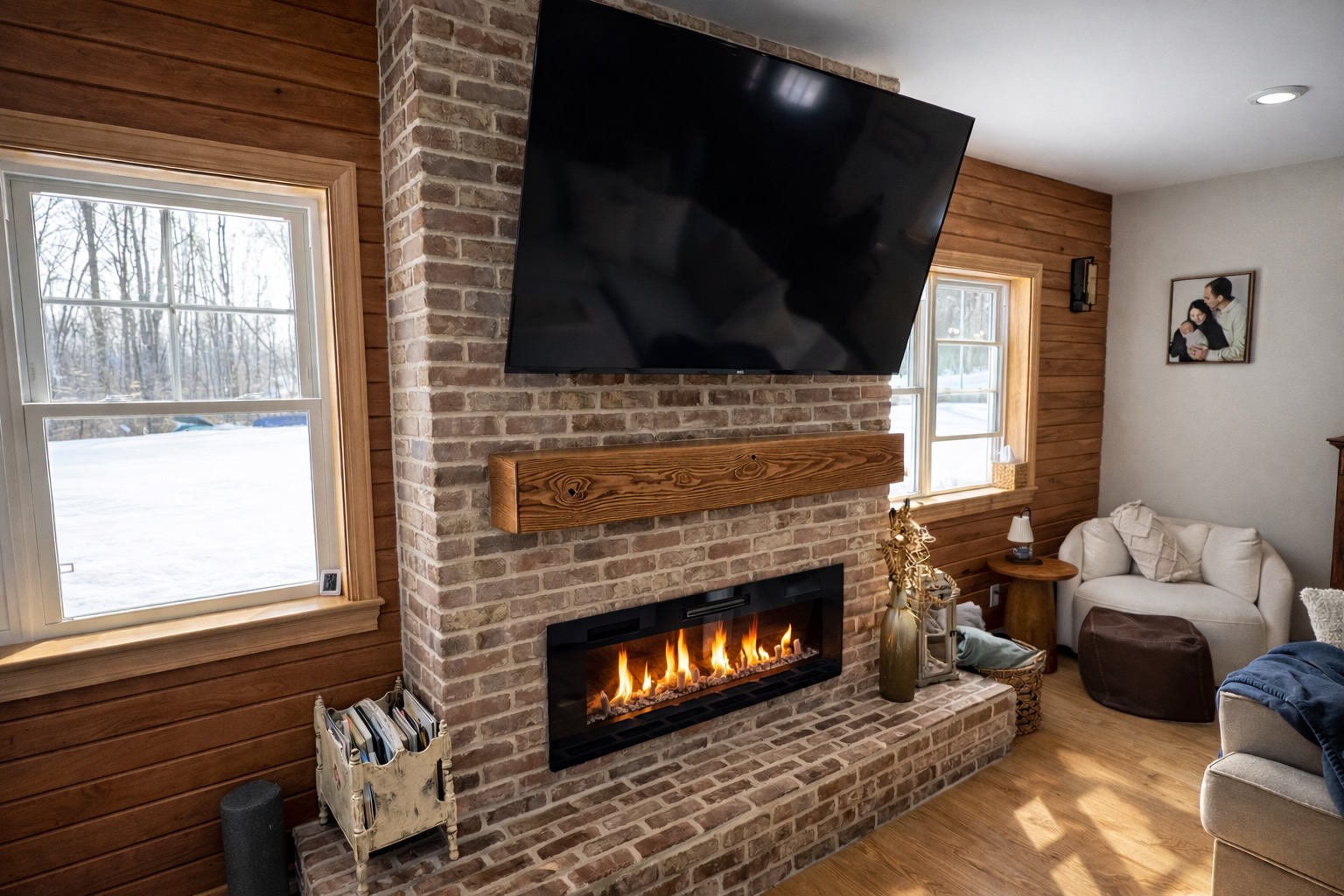 Custom fireplace feature wall in a finished living room
