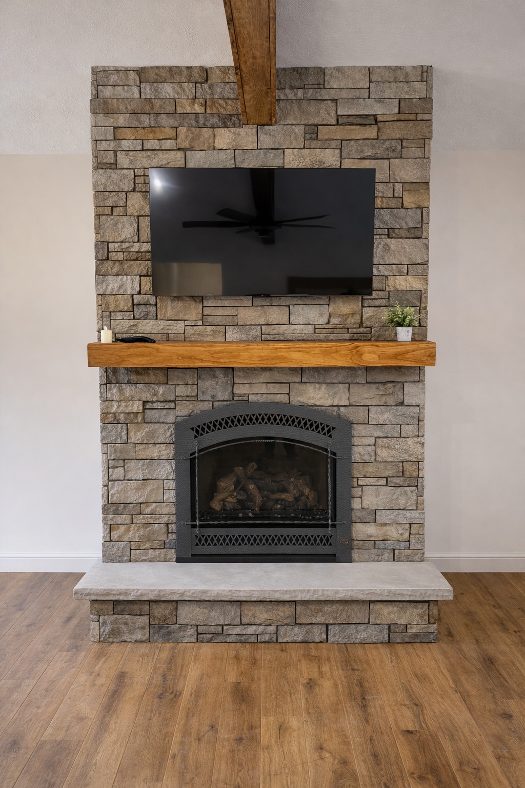 Detailed trim and finish work around the fireplace