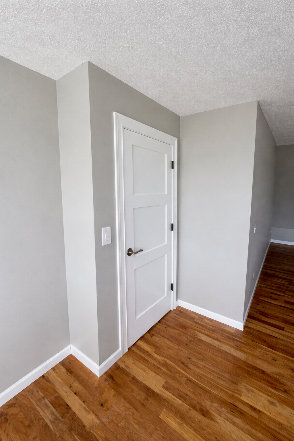 Gray wall with single white door and trim
